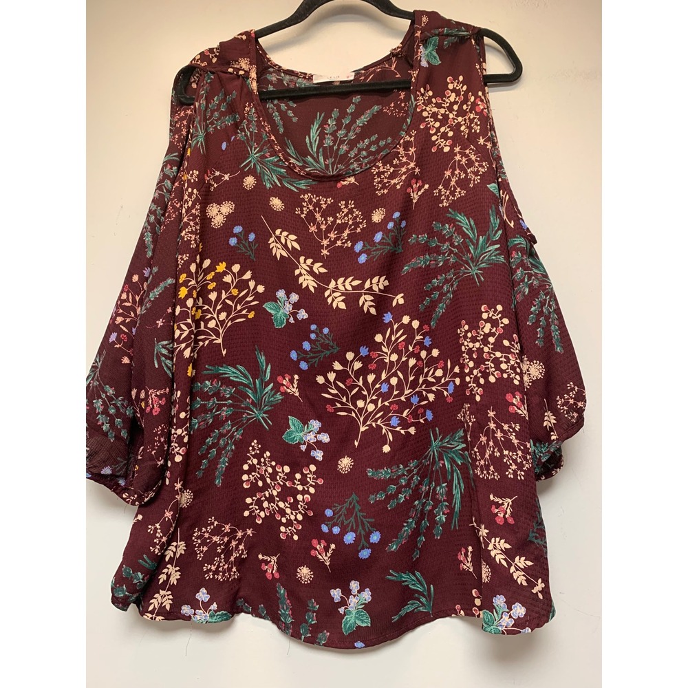 Le Lis Blouse Womens Medium Burgundy Excellent Cold Shoulder Floral Print 12194